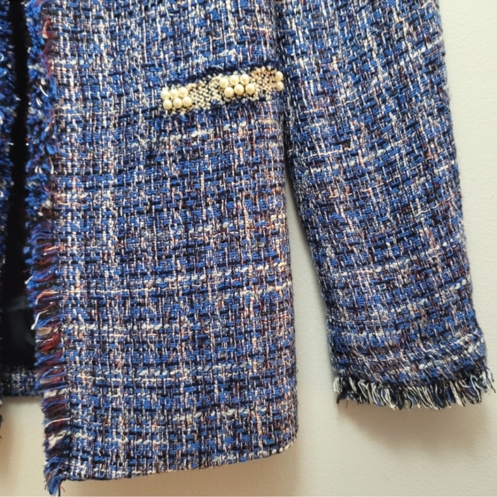 Zara Blue Tweed Blazer with Gorgeous Pearl Trim - Picture 8 of 12